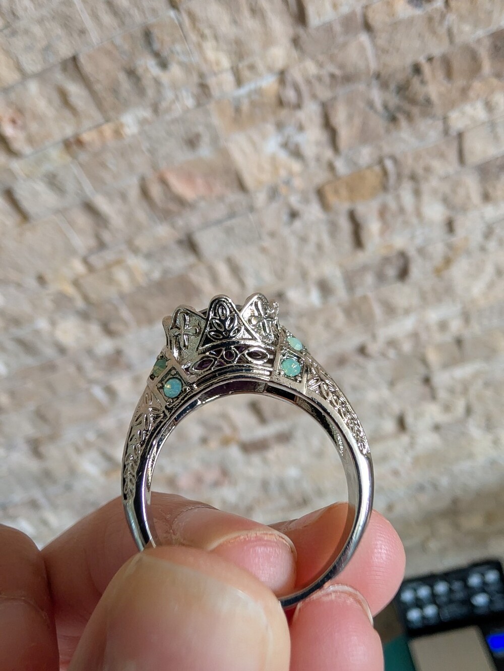 Art Deco Vintage Inspired Purple Faux Opal Statement Ring Silver Tone Filigree - Picture 9 of 13